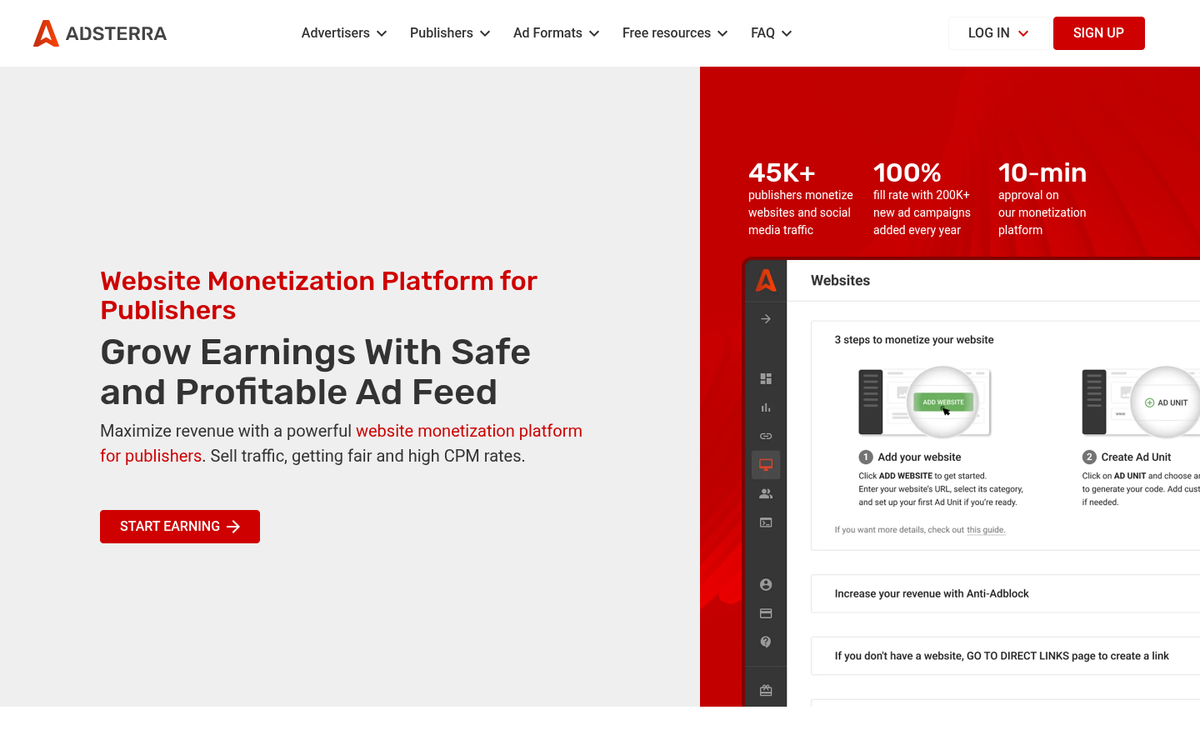 Adsterra CPM ad network platform homepage