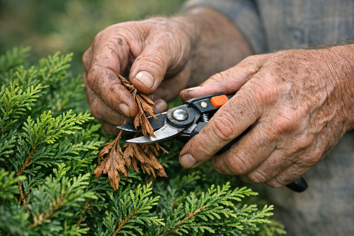 Watering a thriving green plant carefully