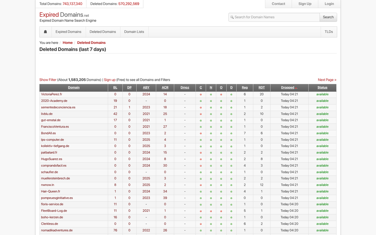 ExpiredDomains.net website interface screenshot