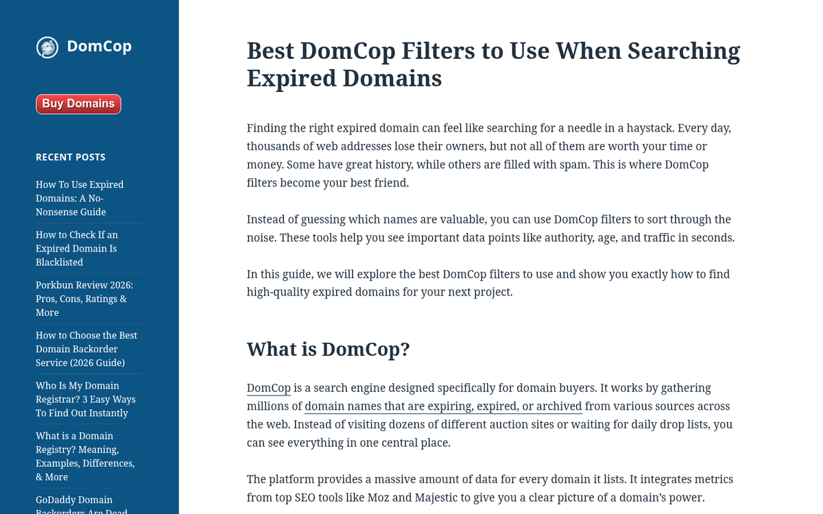 DomCop expired domain search interface screenshot