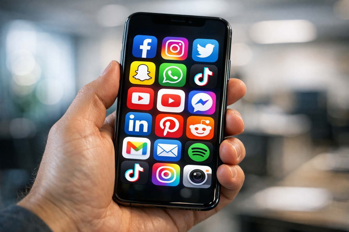 Social media icons on a smartphone screen