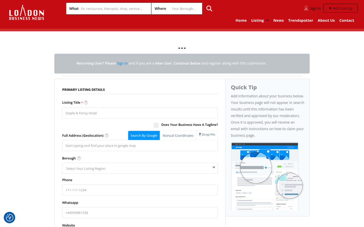 Business directory website listing page screenshot