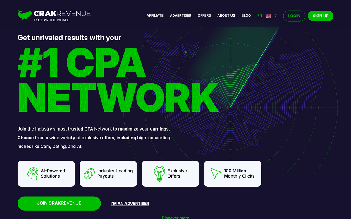 CrakRevenue CPA network homepage screenshot