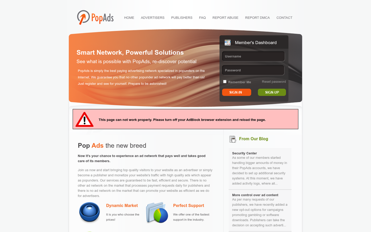 PopAds.net advertising network homepage screenshot