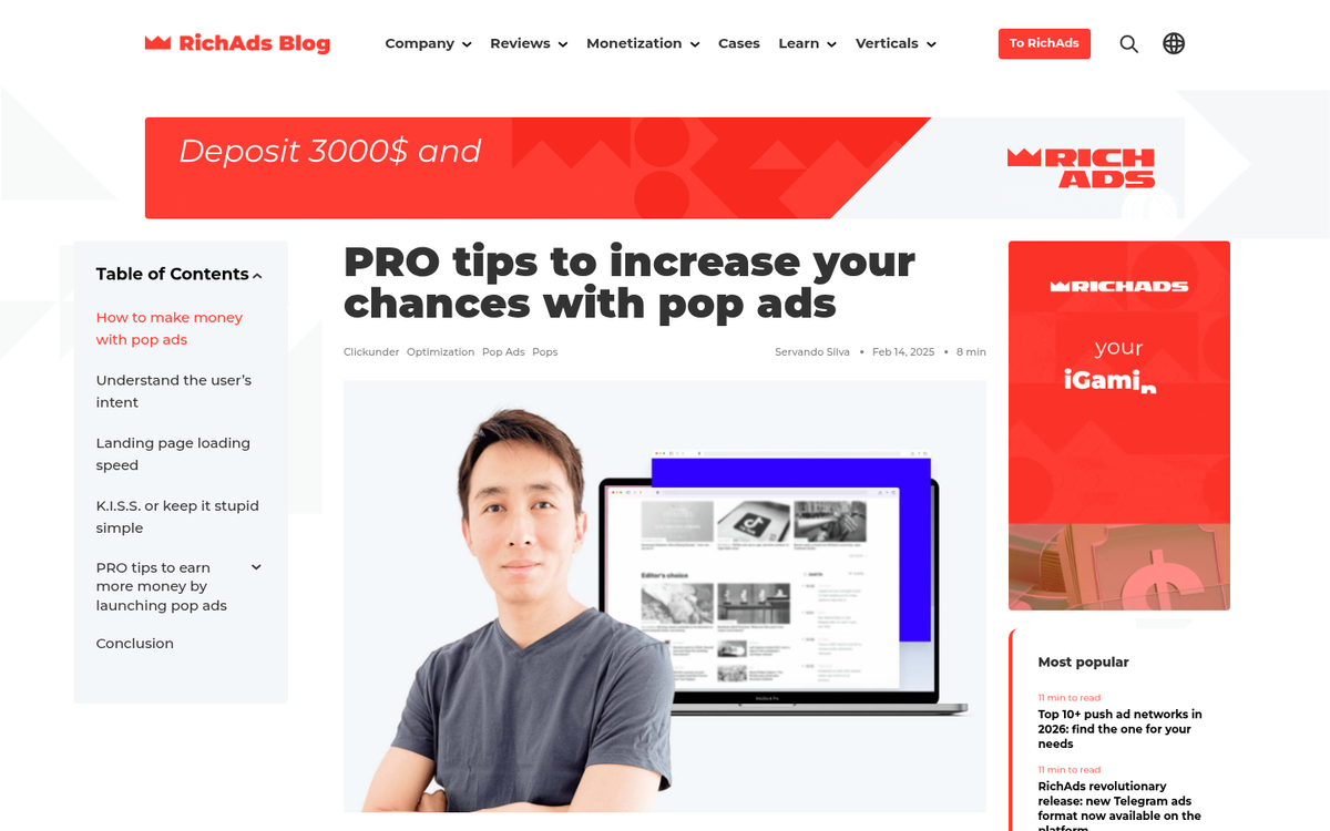 PopAds dashboard showing earnings and traffic stats
