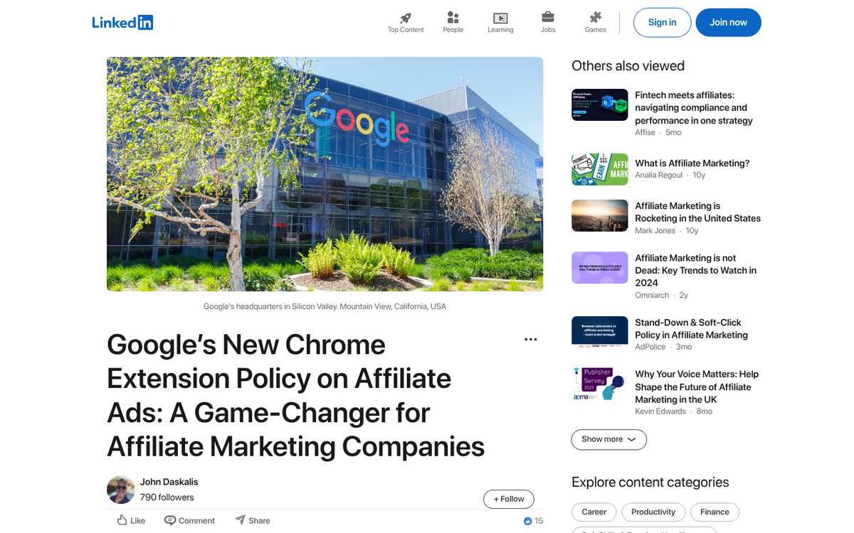 Website screenshot showing affiliate link analysis