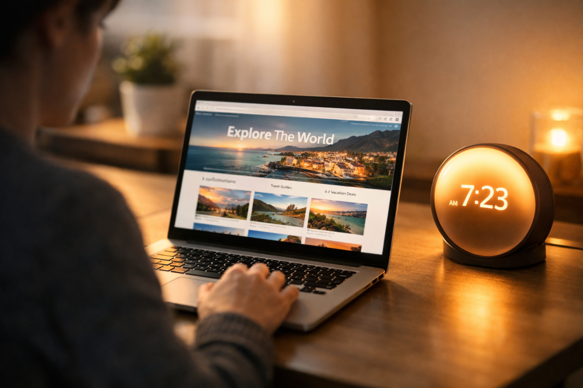 Clock next to analytics dashboard on screen