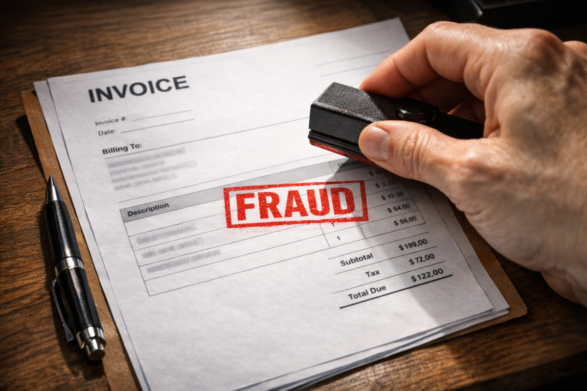 Invoice document with warning spam label