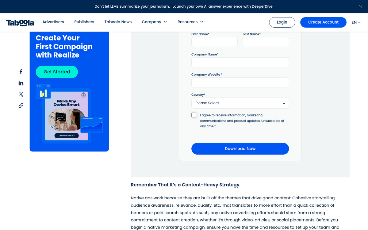 Taboola native advertising platform interface screenshot