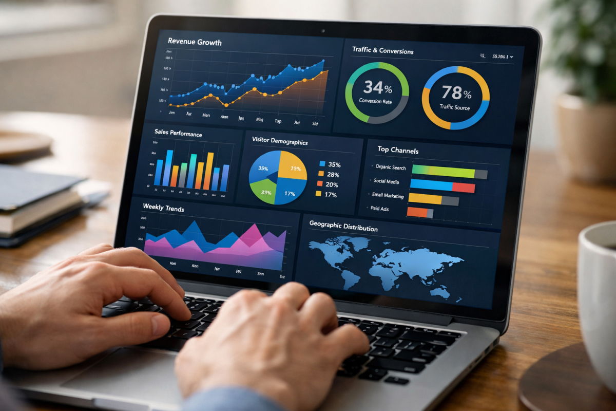 Analytics dashboard with reports and explorations menu
