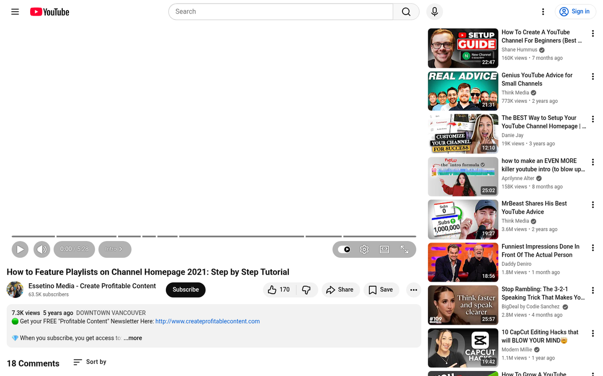 YouTube channel featuring recommended videos section