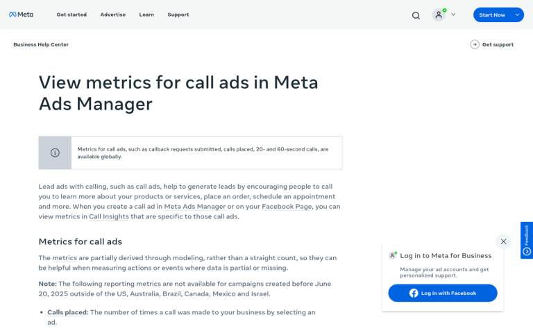 Facebook call tracking campaign settings interface