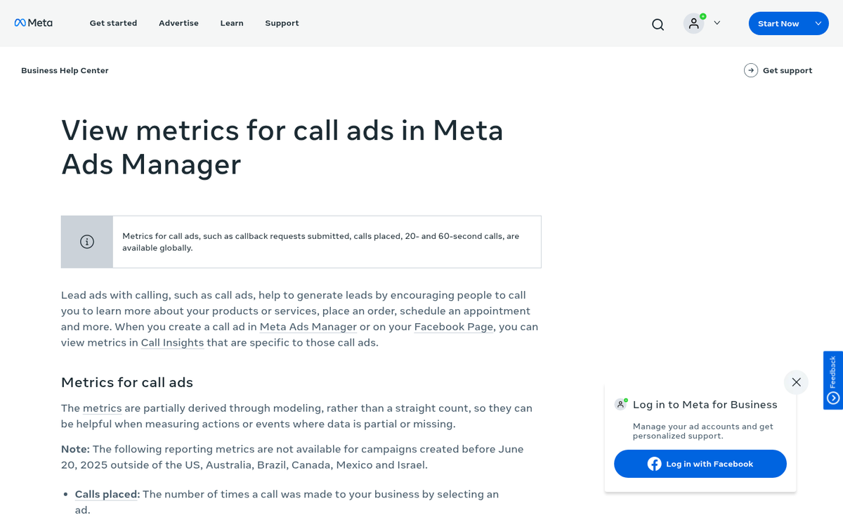 Facebook call tracking campaign settings interface