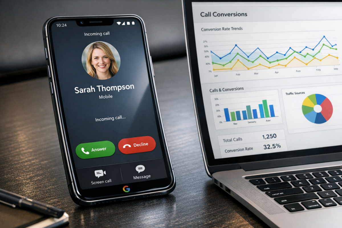 Google call tracking dashboard on screen