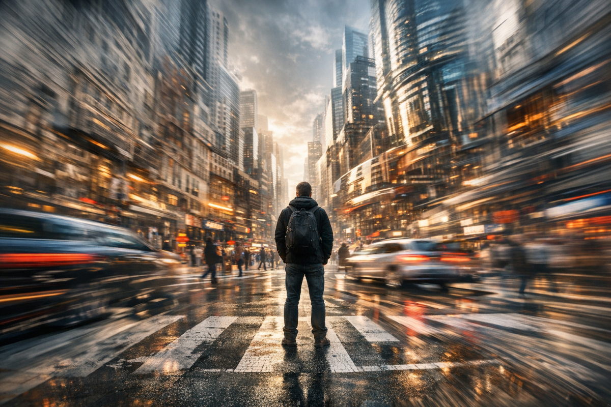 Globe surrounded by shifting digital elements