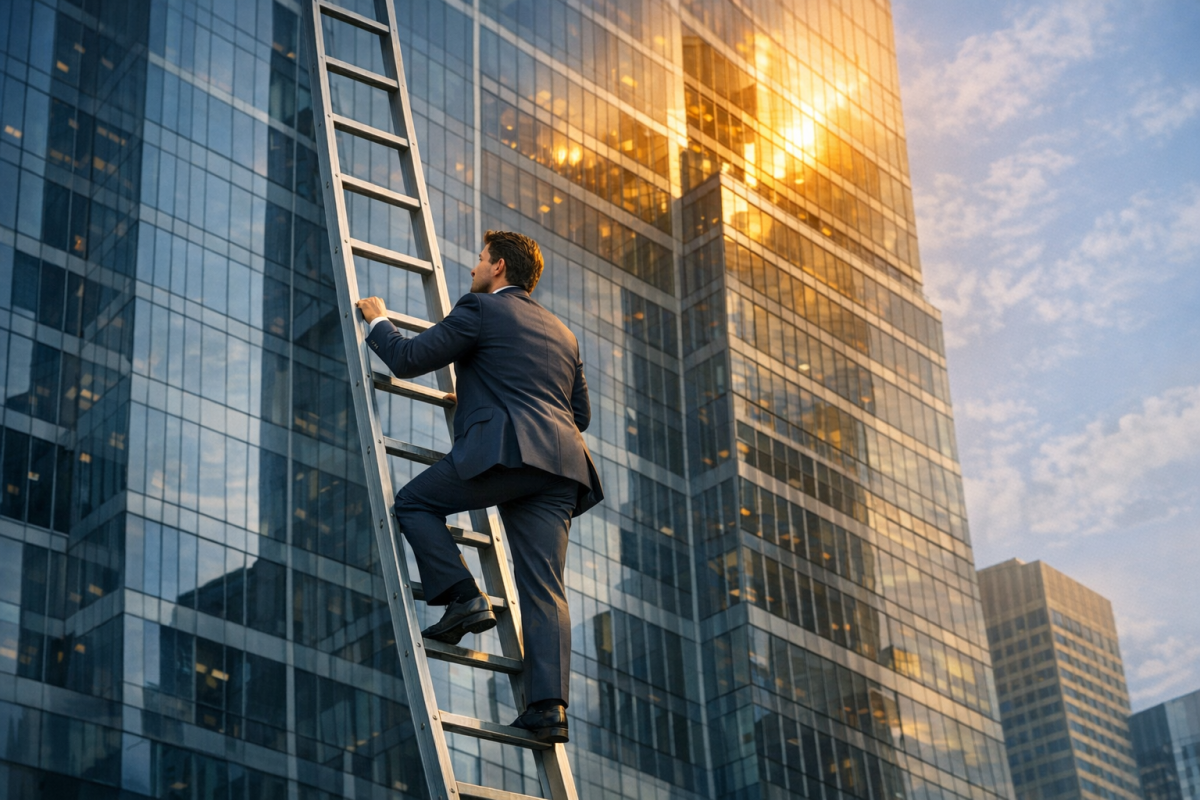 Person climbing career ladder to success