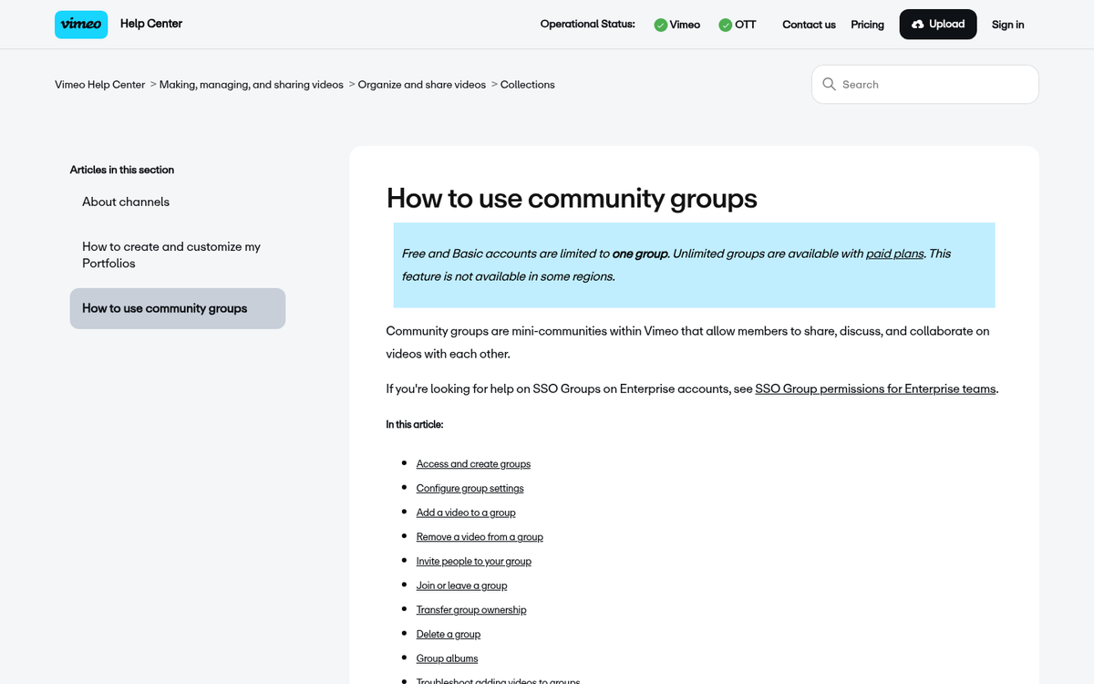 Vimeo Groups page screenshot