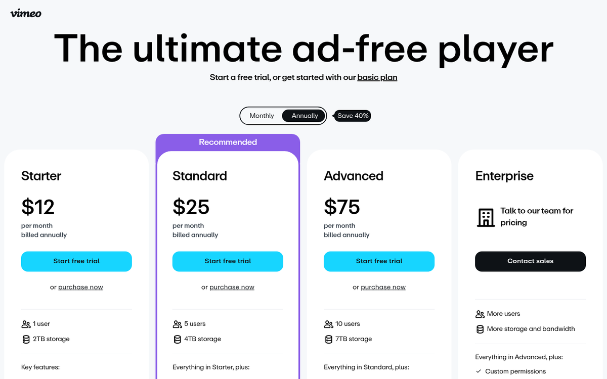 Vimeo paid subscription plans comparison page