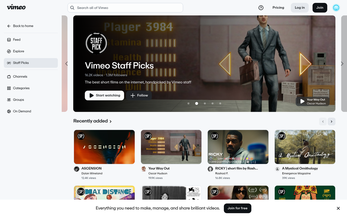 Vimeo Staff Pick showcase webpage screenshot