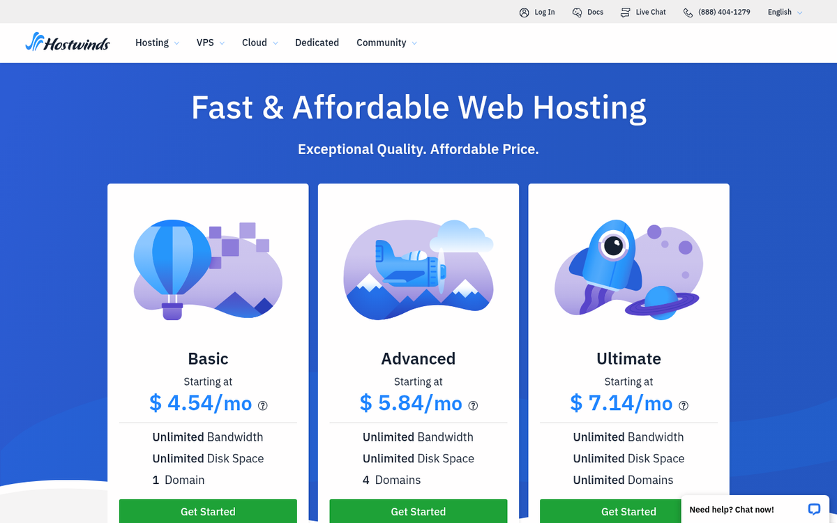 Hostwinds web hosting homepage screenshot