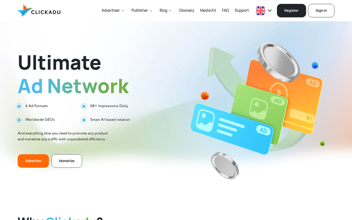 Clickadu CPM ad network website homepage