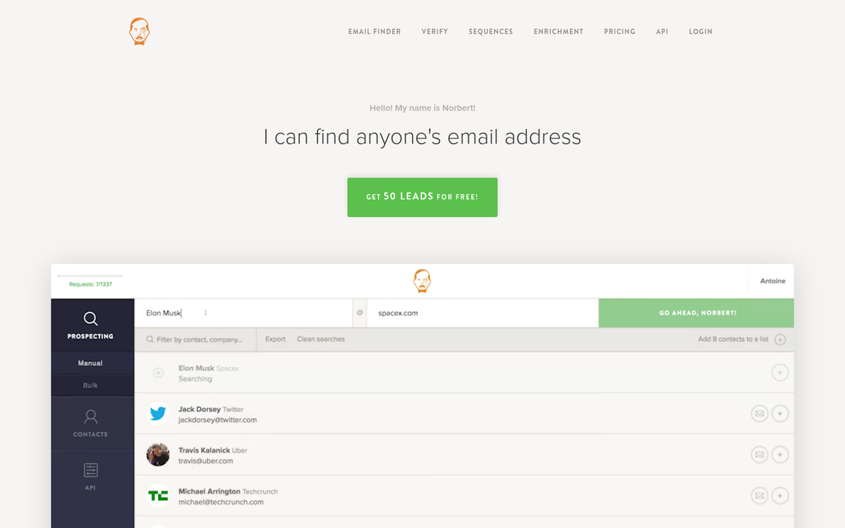 Voilà Norbert email finder tool interface