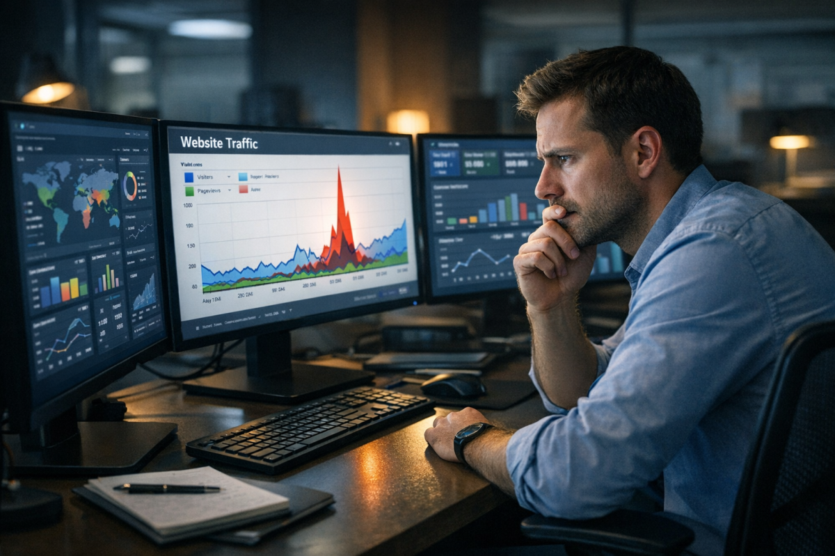 Analytics dashboard showing spam bot traffic data