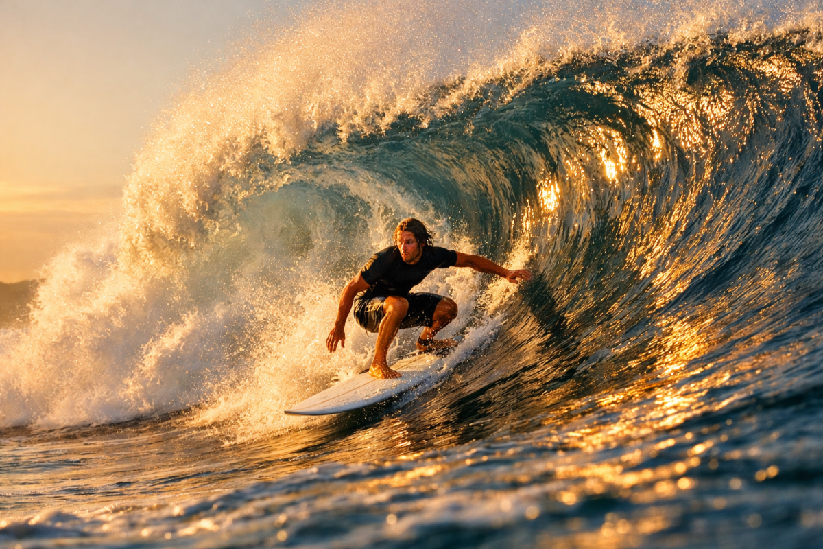 Surfer riding a large trending wave