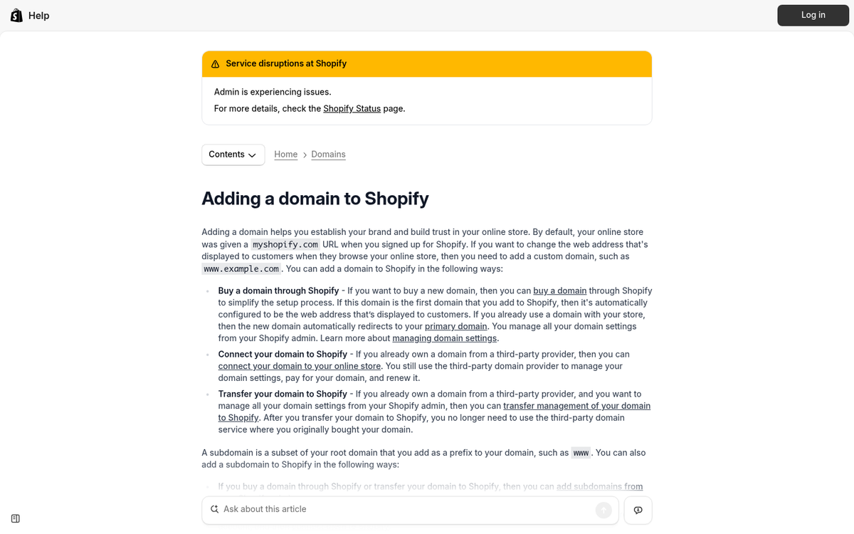 Shopify store with default domain settings