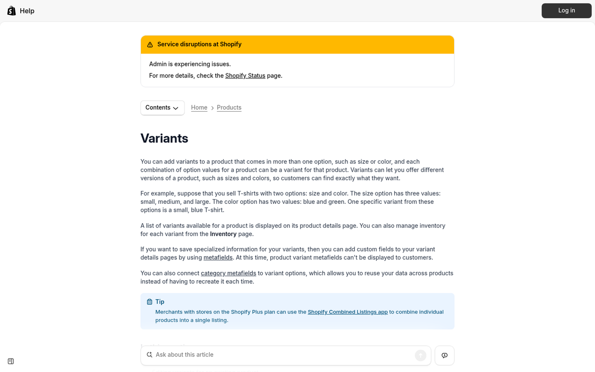 Shopify product page with variable options
