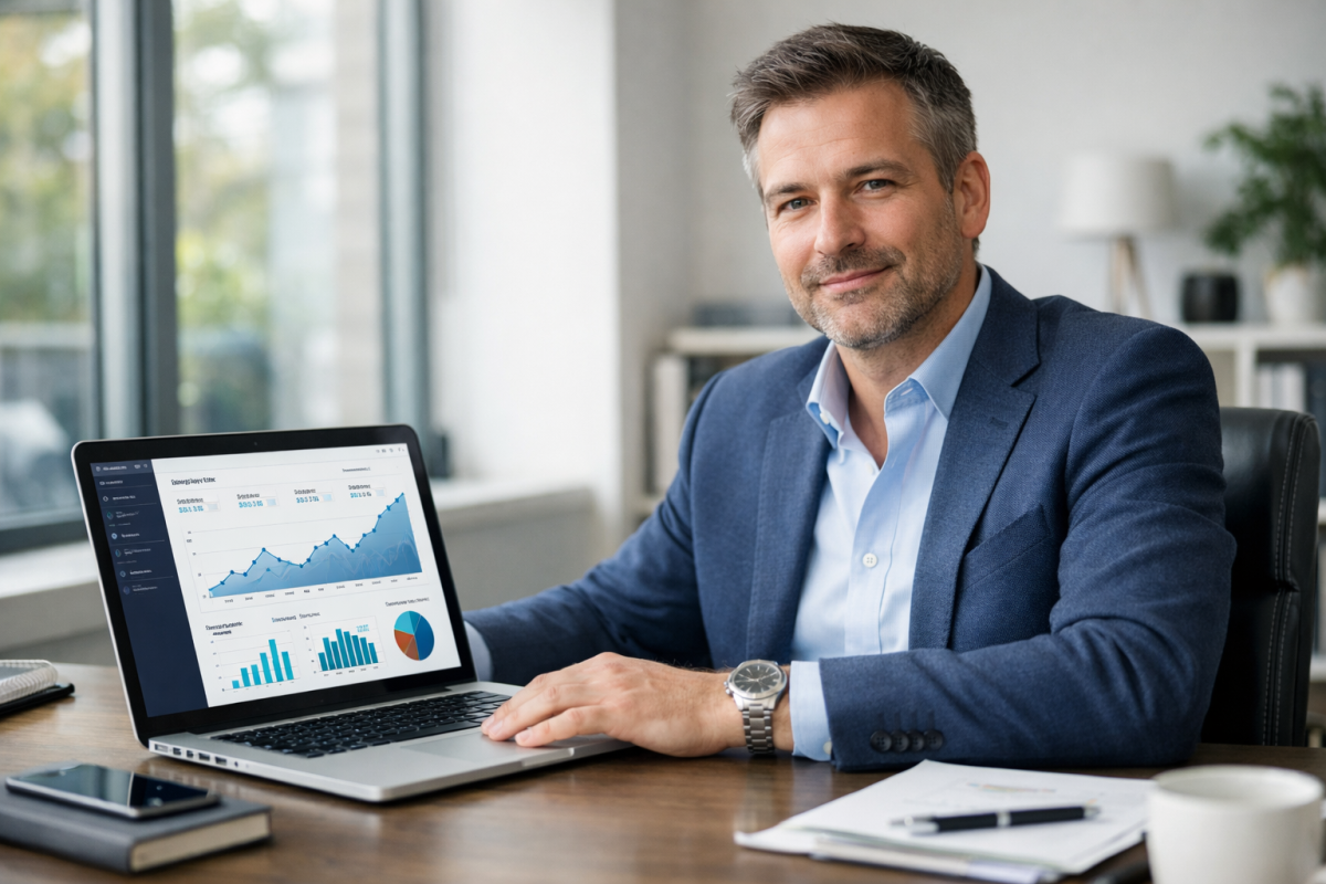 Person with serious expression at desk