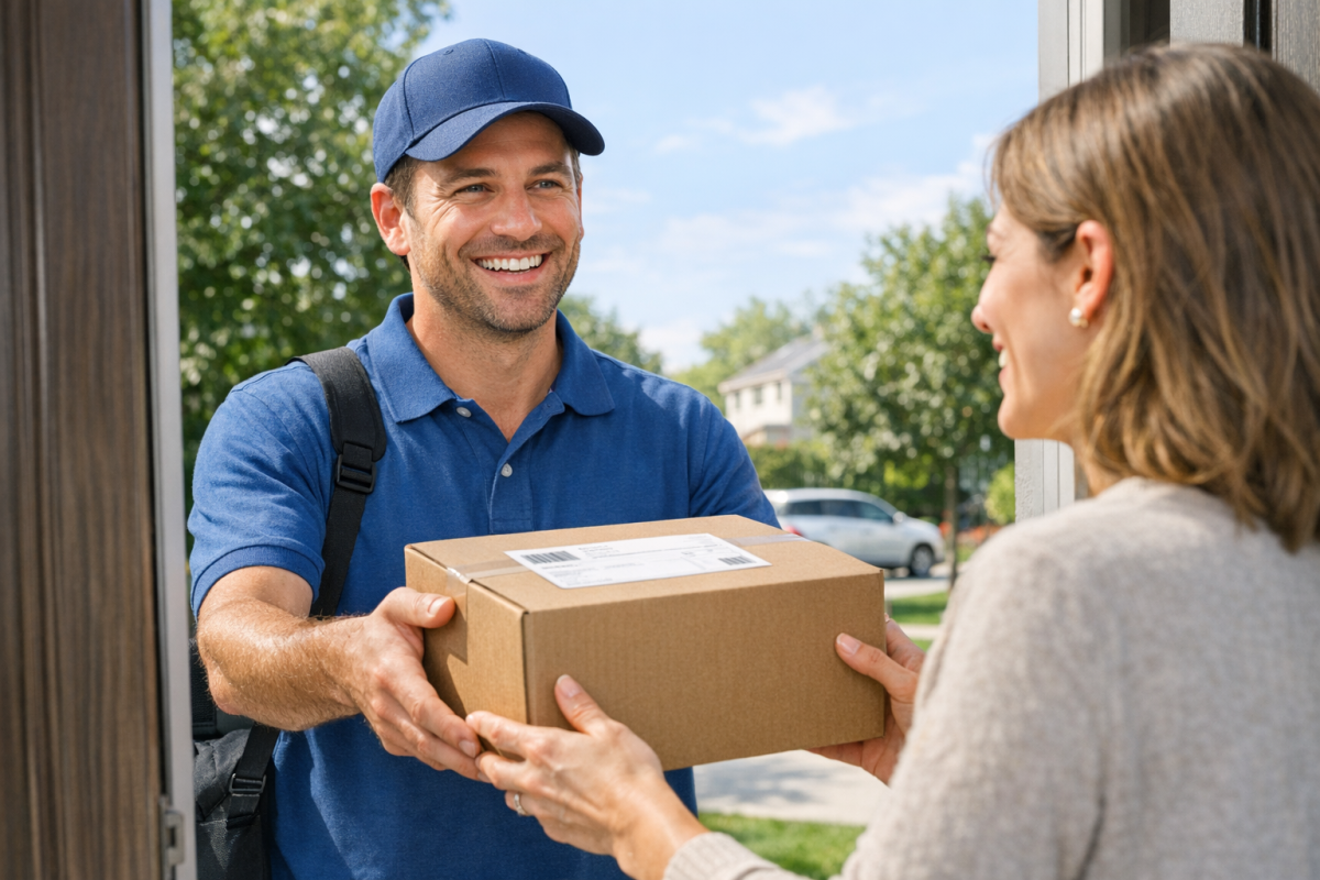 Delivery person handing package to customer