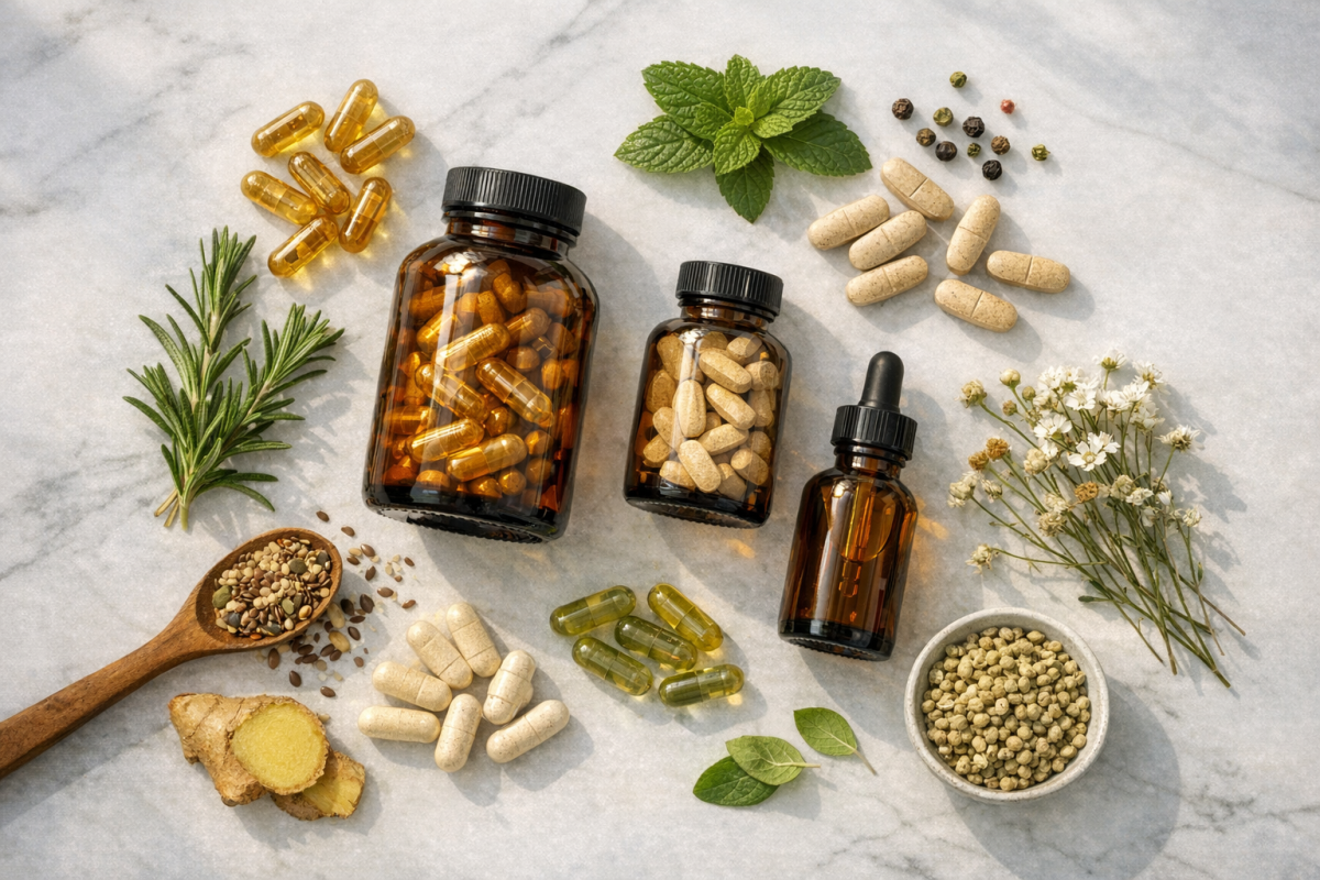 Colorful vitamin supplements and capsules arranged neatly