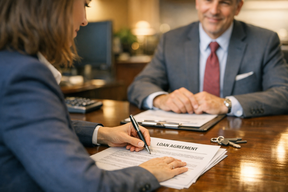 Person reviewing loan documents at desk