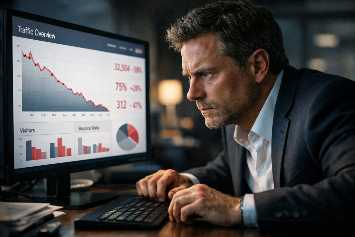 Person analyzing website traffic data charts