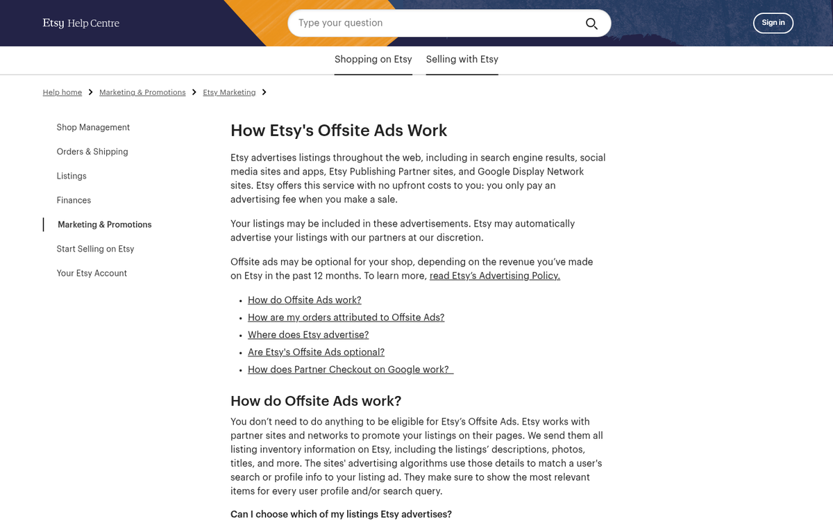 Etsy offsite ads dashboard interface screenshot
