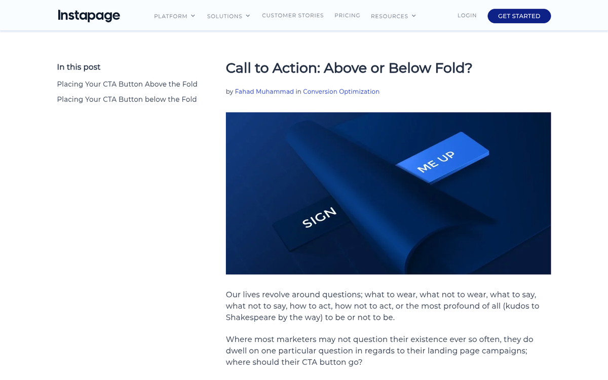 Website CTA positioned below the fold