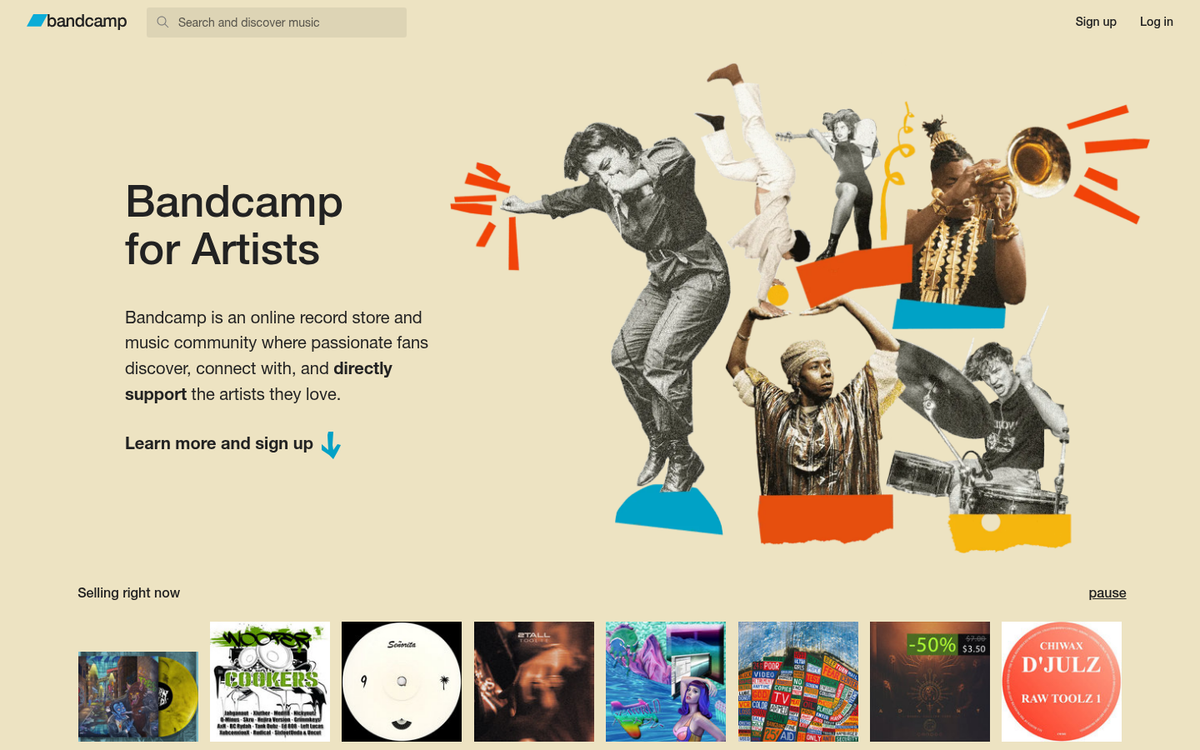 Bandcamp music platform homepage screenshot