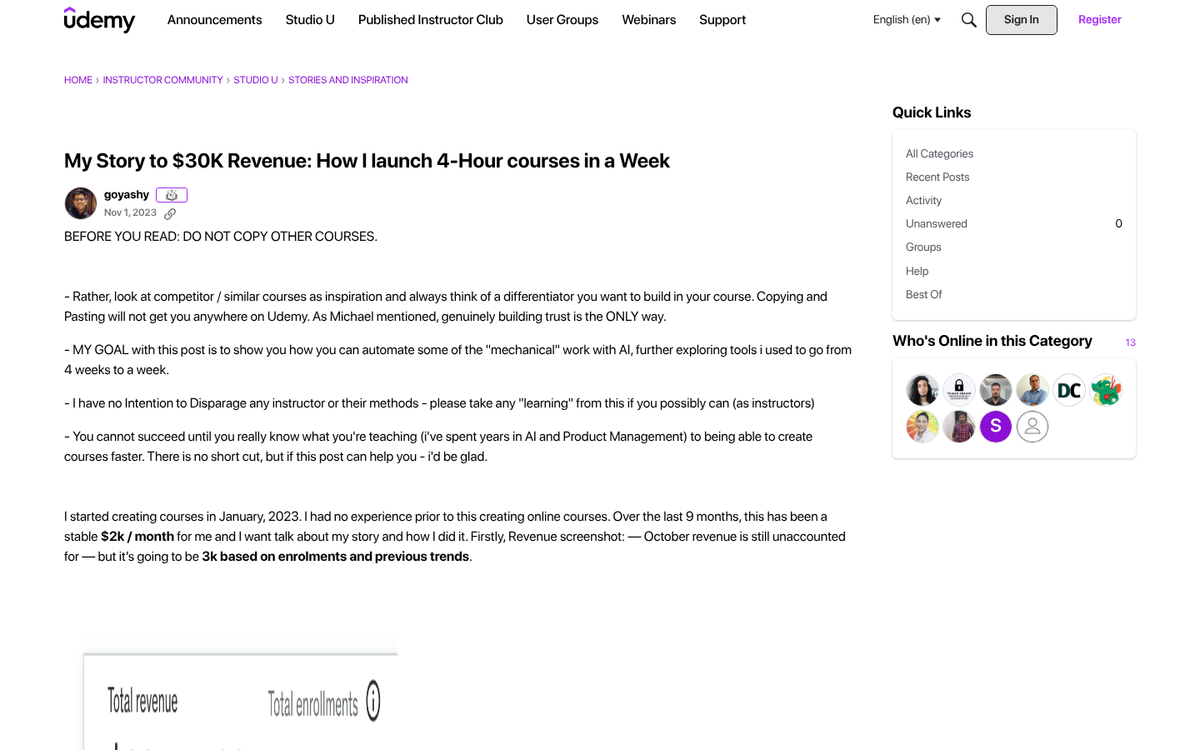 Udemy course performance case study blog post
