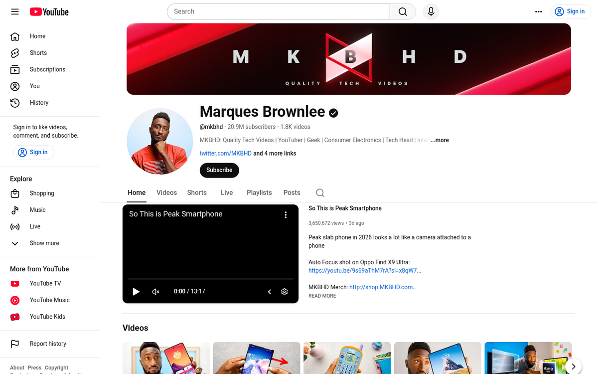 YouTube Channels homepage screenshot