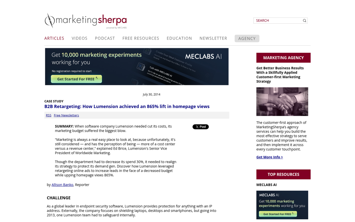 Lumension retargeting ad campaign case study screenshot