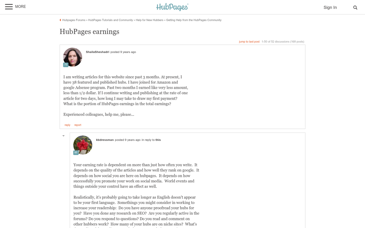 HubPages earnings dashboard on screen