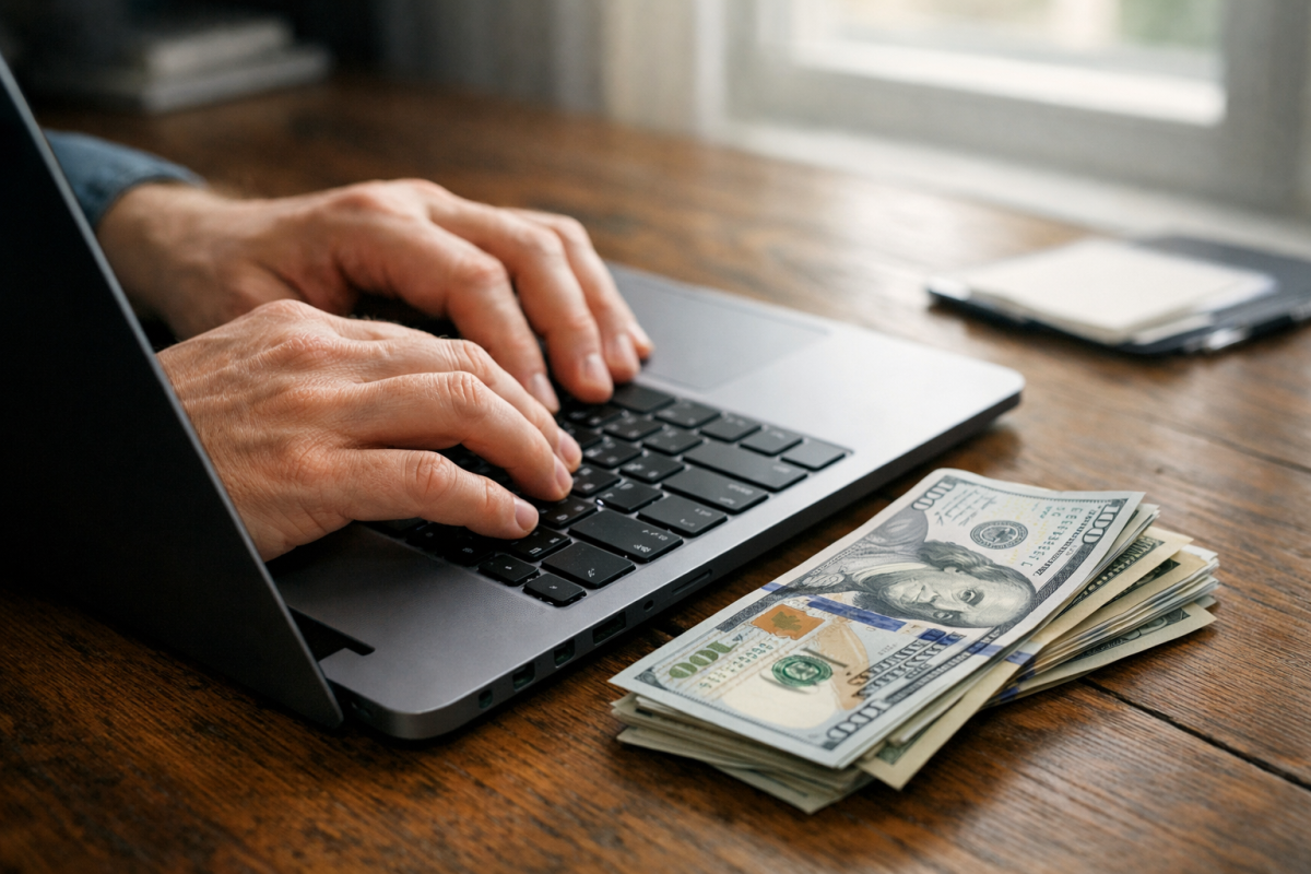 Person earning money online at computer