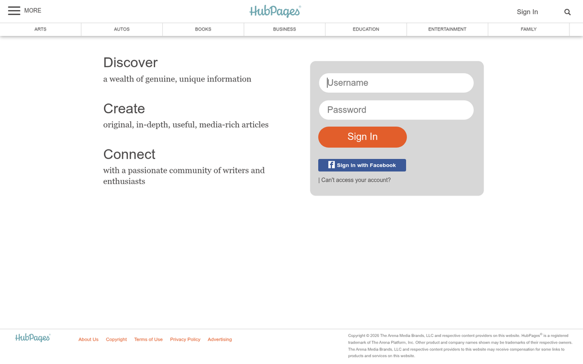 HubPages website signup registration page