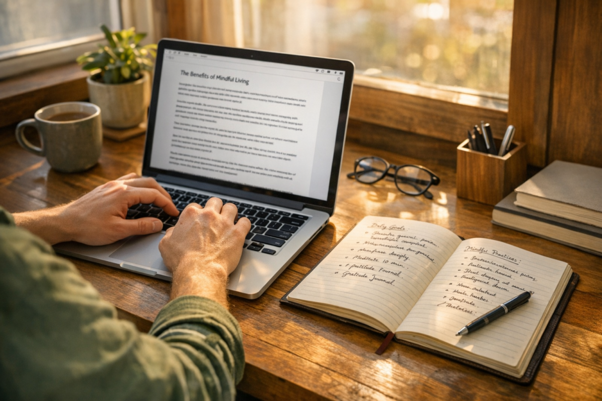 Person typing article on laptop computer