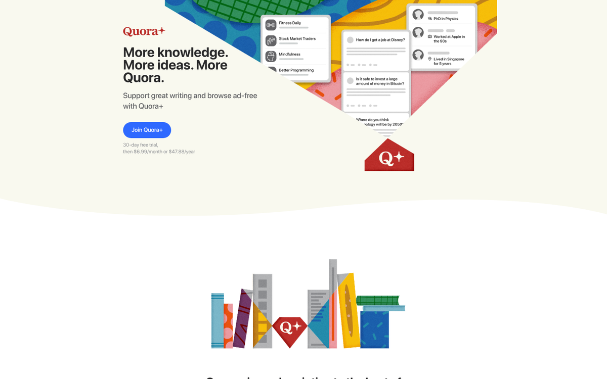 Quora+ subscription monetization model overview page
