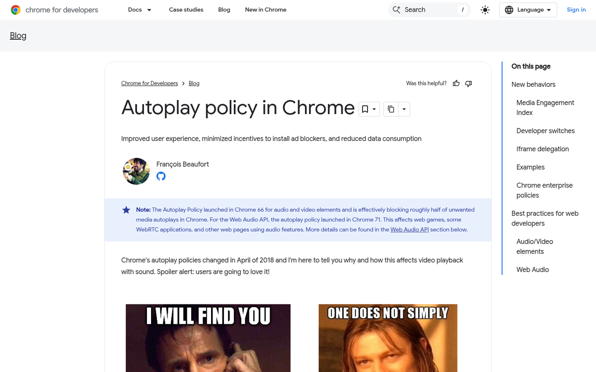 Webpage with softly dismissed autoplay video notification