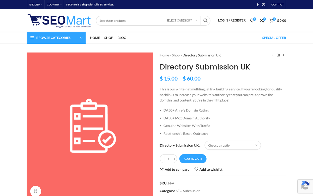 Screenshot of directory submission pricing page