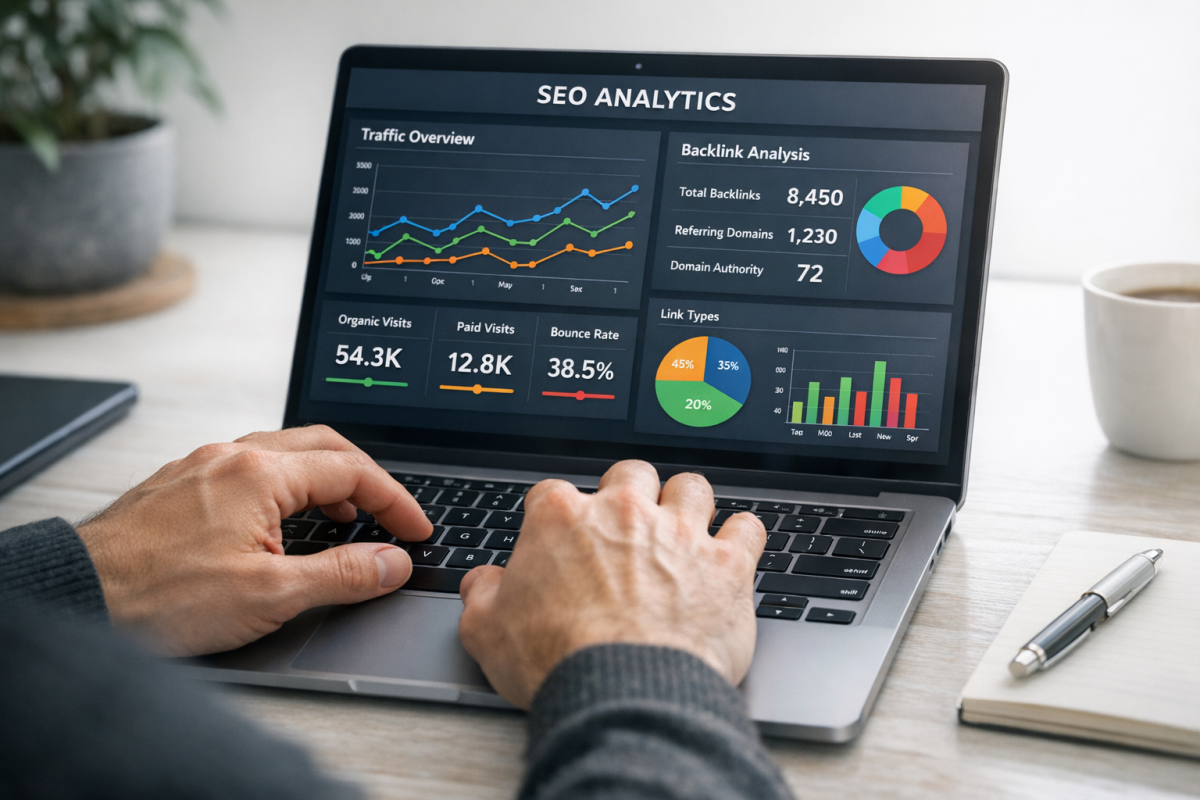Backlink profile analysis dashboard showing link metrics