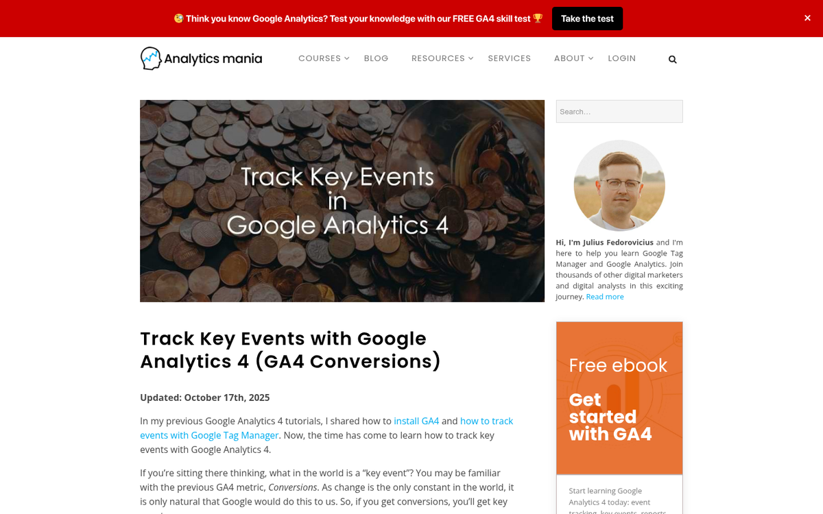 Website analytics dashboard showing tracked page metrics